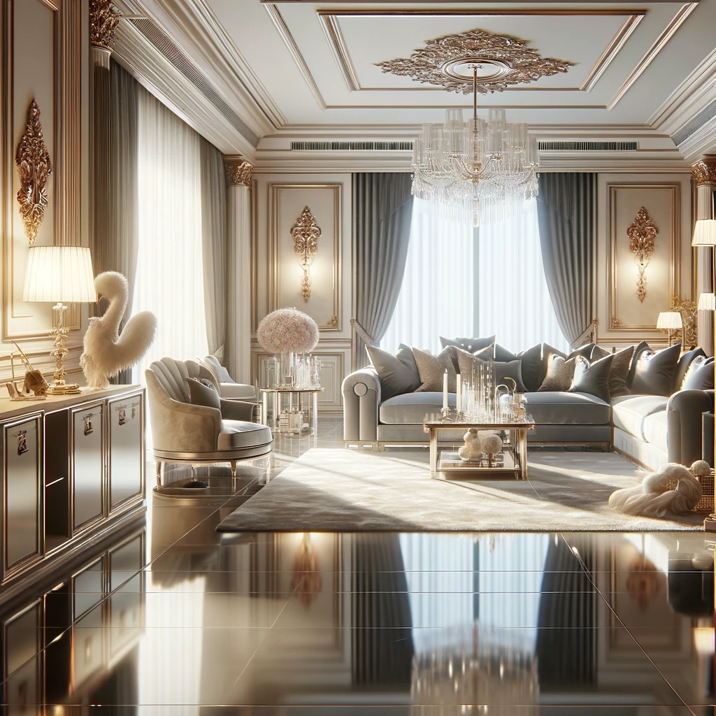 A luxurious and sophisticated living room, showcasing a sparkling clean and elegant interior with attention to detail. The room features high-end furn