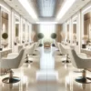 An elegant and spotless beauty or hair salon interior, showcasing a luxurious ambiance with clean, polished floors, immaculate workstations, and styli